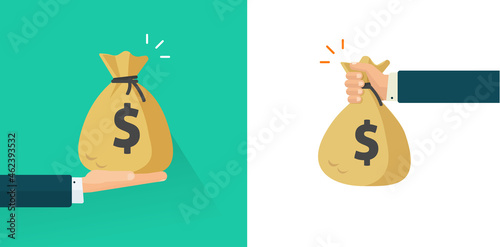Man hand giving and holding money vector, business person arm receiving cash bag gift or salary flat cartoon illustration set, credit grant idea or loan give with bank person as surprise or win prize