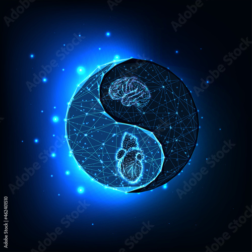 Emotional intelligence concept, heart and brain balance on yin yang symbol isolated on dark blue
