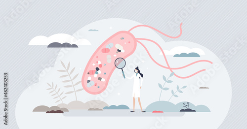 Mechanism of antibiotic resistance development in bacteria cell tiny person concept. Female scientist researching medication processes in human gut. Medical challenges because of bacterial mutation.