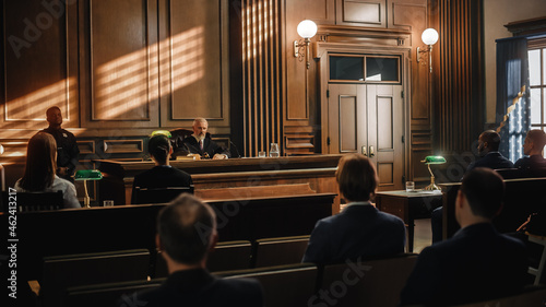 Court of Justice Trial: Impartial Judge is Sitting, Public Stands. Supreme Federal Court Judge Starts Civil Case Hearing. Sentencing Law Offender.