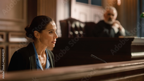 Court of Law and Justice: Portrait of Beautiful Female Victim Giving Heartfelt Testimony to Judge, Jury. Emotional Speech of Empowered Woman against Crime, Injustice, Prejudice, Corruption