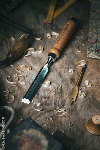 Wood working tools on a wooden background 3
