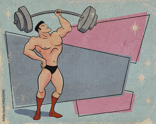 Illustration of Bodybuilder lifting heavy weights. Digital Retro Mid century design illustration 