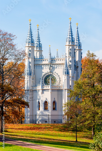 Gothic chapel in Alexandria park in autumn, Saint Petersburg, Russia