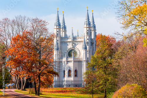 Gothic chapel in Alexandria park in autumn, Saint Petersburg, Russia