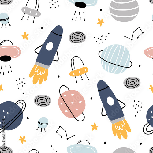 Space background for kids Spaceship and stars seamless pattern design in cartoon style. Use for prints, wallpaper, decorations, textiles, vector illustrations.