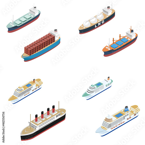 アイソメトリックの客船と貨物船セット