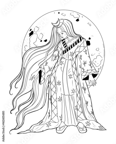 Kaguya Hime on the Moon background. Fairytale character design. Vector illustration