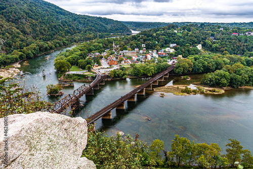 Harpers Ferry a the confluence of the Potomac and Shenandoah Rivers on a cloudy day