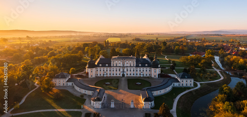 Beautiful autumn sunrise at the famous L'Huillier-Coburg Palace in Edelény which is the seventh largest palace in Hungary. Built between 1716 and 1730. Hungarian name is Edelényi kastélysziget.