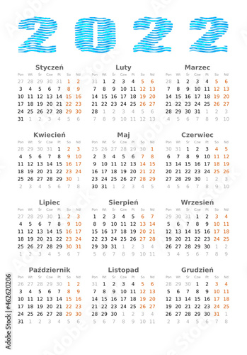 Kalendarz na 2022 rok - język polski - 12 miesięcy.