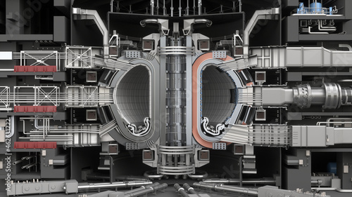 ITER Fusion Reactor. Tokamak. Thermonuclear Experimental power plant. Industrial zone with power station atomic energy production. 3D Render