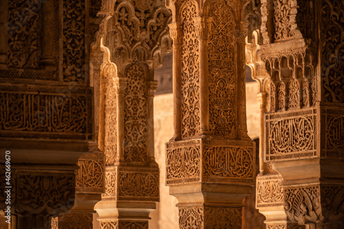 Moorish ornaments at the entrance of the Palace of the Lions (Palacio de los Leones, Sala de los Mocárabes), Nasrid palaces, Alhambra de Granada UNESCO World Heritage Site, Andalusia, Spain