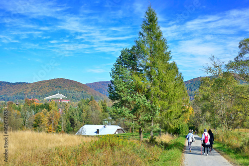 Back view of group hikers walking along a foot trail on a autumn trip. Trekking in Low Beskids (Beskid Niski), Poland