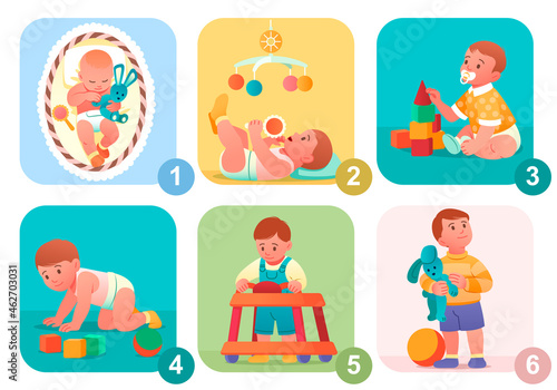 Baby growth process. From newborn to preschooler. Little boy becomes adult. Stages of child development. Character playing with toys. Cartoon flat vector illustration isolated on white background