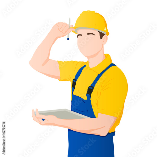 Worker wearing hardhead and holding folder. Vector flat-style illustration