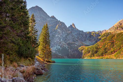 Tatra National Park, Poland. Mountains lake Morskie Oko Or Eye of the Sea In autumn. Beautiful Tatras Landscape.