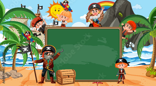 Empty blackboard with many pirate kids cartoon character at the beach