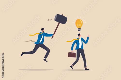 Jealousy colleague, toxic boss kill all ideas never been implemented, envy or dishonesty coworker with unprofessional, businessman got new idea lightbulb but being hit and destroy by colleague behind.