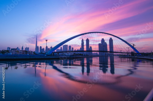 Beautiful Sunrise View of Tolerance Bridge in Dubai Canal