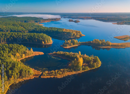 Aerial panoramic view of Dringis lake at Autumn, Lithuania