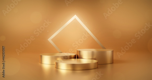 Gold podium product advertising stage background platform or empty luxury pedestal exhibition scene and blank template design stand on golden presentation studio display backdrop showcase. 3D render.