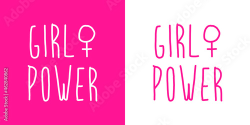 Slogan para poster. Banner con texto manuscrito Girl Power con símbolo feminista lineal en fondo rosa y fondo banco
