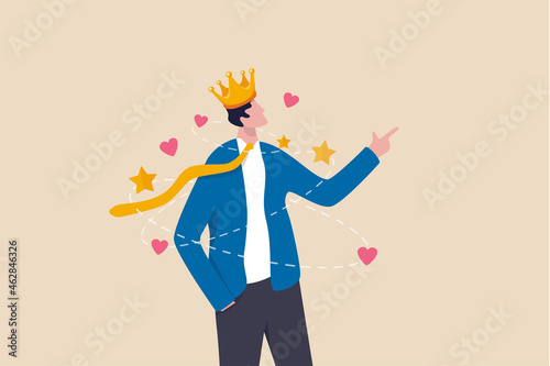 Narcissist people, extreme self involvement too much confident disorder, so proud attitude egocentric person, narcissism businessman admire himself and proud of his crown with love and stars around.