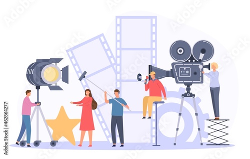 Movie production team shooting film actor on camera. Flat cinema director and crew record video scene. Movie making industry vector concept