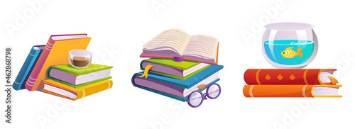 Pile of books. 3 stacks of books with a cup of coffee, glasses and aquarium. Isolated on white background vector illustration