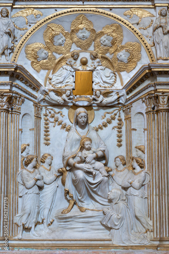 ROME, ITALY - AUGUST 30, 2021: The renaissance relief of Madonna in the church Chiesa di San Gregorio al Cielo and Cappella Salviati by Andrea Bregno (1469).