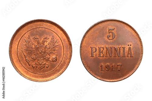 Finland coin 5 pennia 1917 Vector illustration.