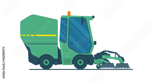 Vacuum road sweeper mini truck with brushes. Vector illustration.