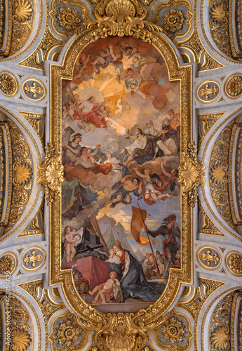 ROME, ITALY - SEPTEMBER 1, 2021: The Apotheosis of St Louis fresco in church Chiesa di San Luigi dei Francesi - 1756 by Charles Joseph Natoire (He is famous for his paintings at Versailles )