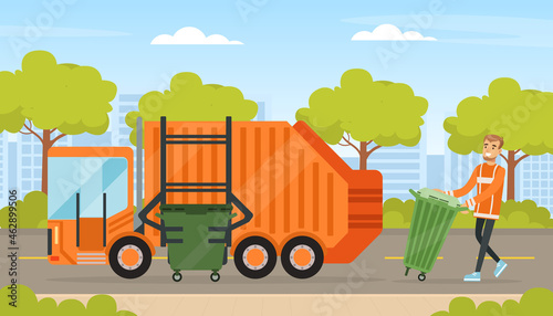 Man Waste Collector or Garbageman in Orange Uniform Collecting Municipal Solid Waste and Recyclables in Garbage Truck Vector Illustration