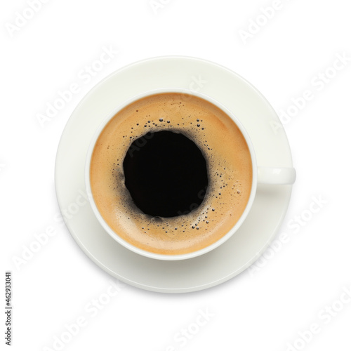 Cup of hot coffee and saucer isolated on white, top view