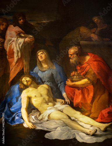ROME, ITALY - AUGUST 31, 2021: The painting of Pieta in the church Santa Maria della Concezione dei Cappuccini by Andrea Camassei (1602 - 1649).