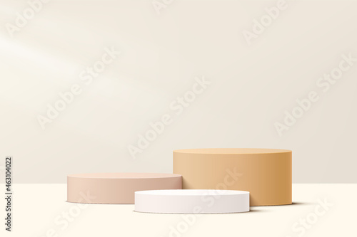 Abstract realistic 3D white, cream and beige steps cylinder pedestal podium set with pastel minimal wall scene for cosmetic product display presentation. Vector geometric rendering platform design.