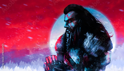 Illustration artwork of ancient viking possessed king warrior with red glowing eyes standing on frosty winter landscape.