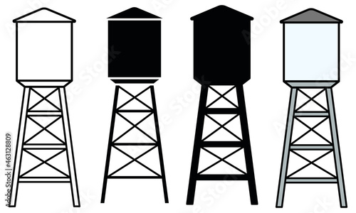 Water Tower Clipart Set - Outline, Silhouette and Color