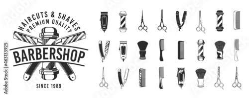 Set of 15 Retro Barbershop elements. Trendy barbershop elements to create your own design. Barbershop templates for logo, labels, covers, posters, t-shirt design. Vintage style. Vector illustration