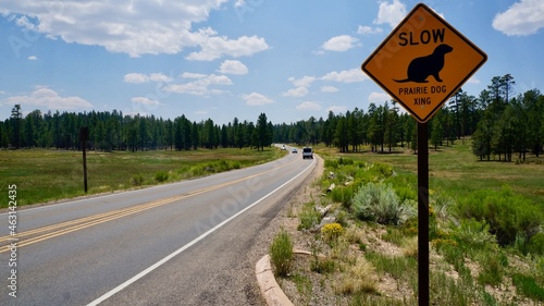 Bryce Canyon National Park in Utah.Rocky mountains erode and color a variety of landscapes. A crossing caution sign in the Prairie Dog habitat.