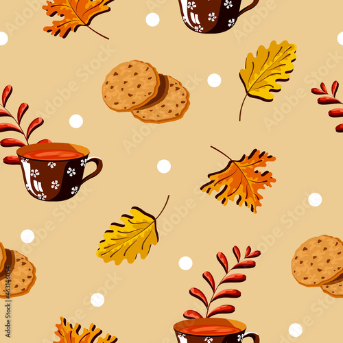 Cosy autumnal pattern with hot teacups, tasty homemade chocolate cookies, golden maple and oak leafage on pastel beige background. Food and season botany vector illustration.