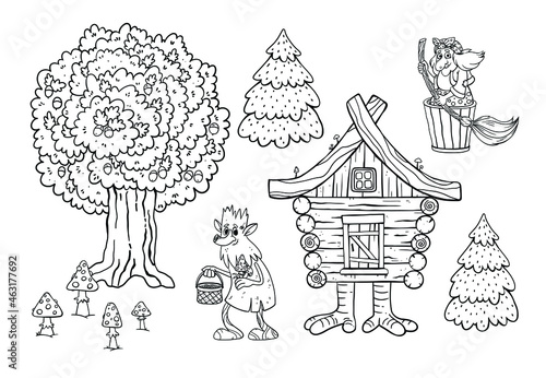 Fabulous illustration. Baba Yaga. Leshiy. A hut on chicken legs. Magic. Coloring book for kids.Vector illustration. Forest house. Russian folklore.