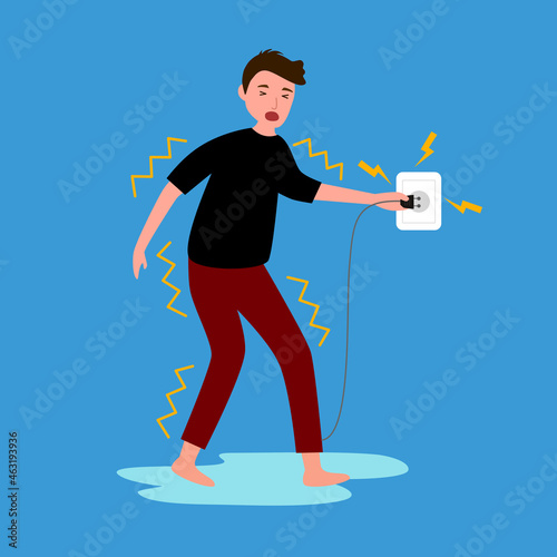 Electric shock risk concept vector illustration. Man standing on wet floor and get electric shock in flat design. Electric safety caution.