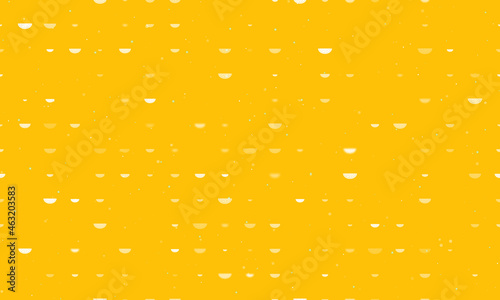 Seamless background pattern of evenly spaced white watermelon piece symbols of different sizes and opacity. Vector illustration on amber background with stars