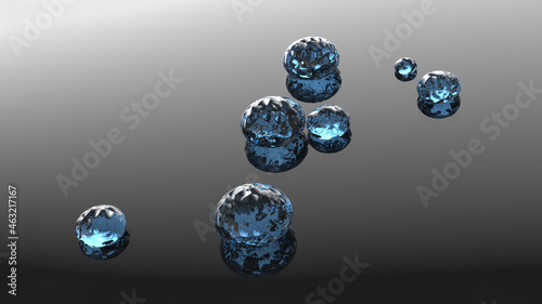 wavy blue drops on dark glass surface - 3D illustration rendering - copy space