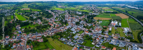 Aerial view of the village Hilbringen on a cloudy day in summer 