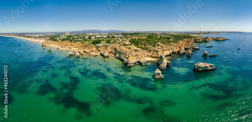 Aerial view of Praia dos Tres Irmaos beach, Alvor, Algarve, Portugal
