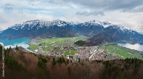 Panoramic aerial view of Interlaken and Unterseen between Lakes Thun and Brienz with Bernese Alps Mountains on background - Interlaken, Switzerland